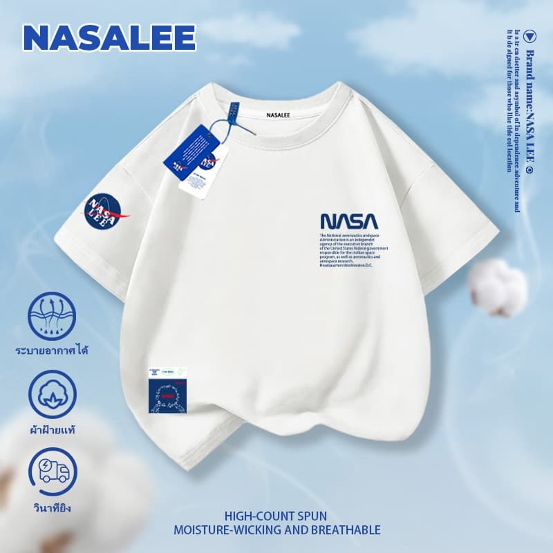 【จัดส่งในวันเดียวกัน】เสื้อยืดแขนสั้นสีขาวสำหรับเด็ก NASA แบรนด์เนม ผ้าคอตตอนระบายอากาศได้ดี สวมใส่สบาย เสื้อผ้าเด็กชายหญิง แฟชั่นสไตล์สตรีทแวร์ ลุคสตรีท