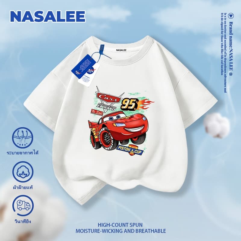 【จัดส่งในวันเดียวกัน】เสื้อยืดแขนสั้นสีดำสำหรับเด็ก NASA ผ้าคอตตอนระบายอากาศได้ดี สวมใส่สบาย เสื้อผ้าเด็กชายหญิง ลายการ์ตูนรถแข่งคาร์ส แฟชั่น