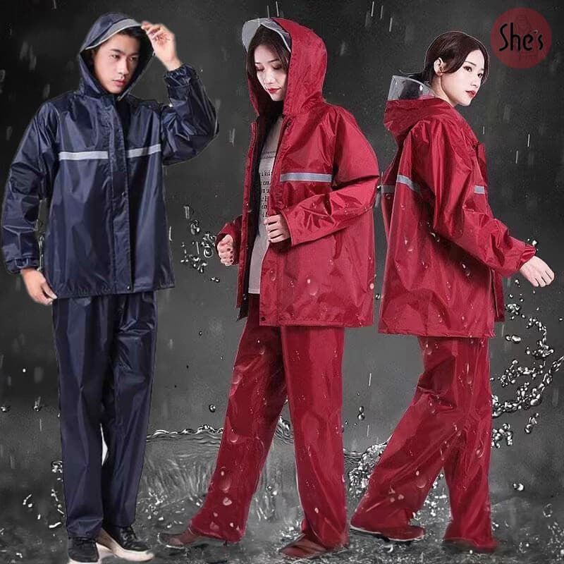 เสื้อกันฝนสำหรับผู้ใหญ่ ชุดกันฝนแบบหนา ชุดกันฝน มีแถบสะท้อนแสง มีแถบสะท้อนแสง แยกเสื้อและกางเกง