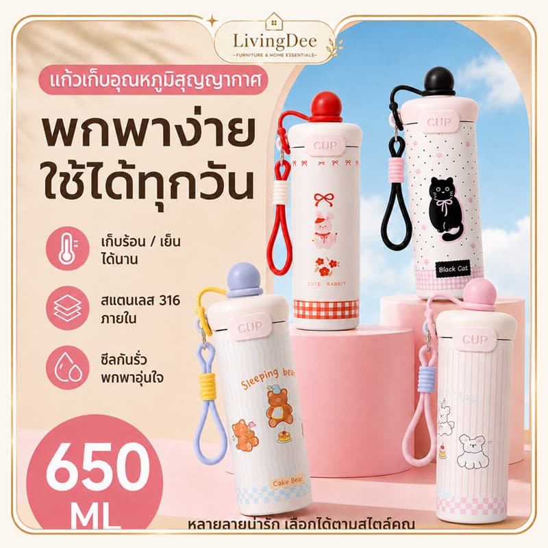 สแตนเลส 316 ภายใน ความจุ 650ml แก้วเก็บอุณหภูมิลายการ์ตูน เก็บร้อน-เย็นได้นาน มีสายพกพา ใช้สะดวก