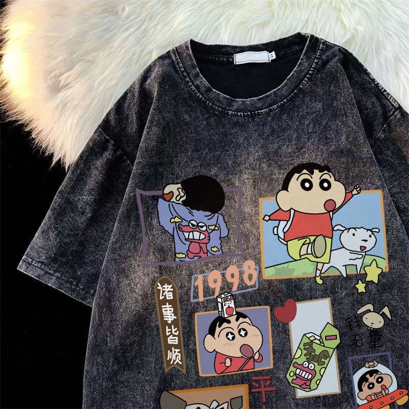 เสื้อฟอกวินเทจผู้หญิงเท่ๆ ผ้าคอตตอน100% oversize เสื้อผ้าแฟชั่นเกาหลี เสื้อยืดคู่กับแฟนโอเวอร์ไซส์ชายและหญิง ลายการ์ตูน