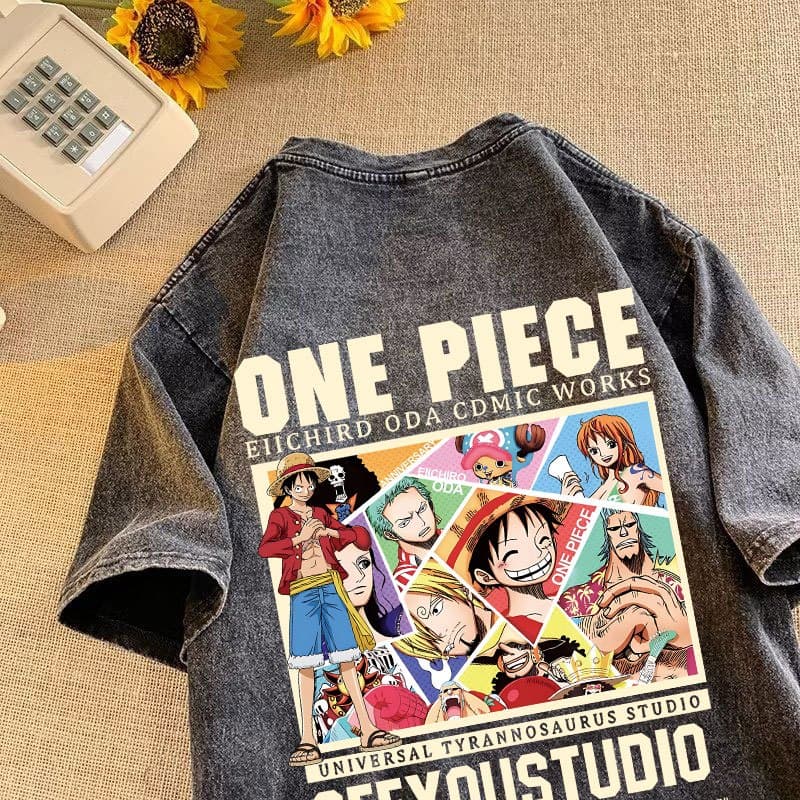เสื้อฟอกวินเทจผู้หญิงเท่ๆ oversize ผ้าฝ้าย 100% เสื้อผ้าแฟชั่นสไตล์เกาหลี ฮิปฮอป เสื้อยืดลายการ์ตูนญี่ปุ่นมาใหม่ ชายหญิง