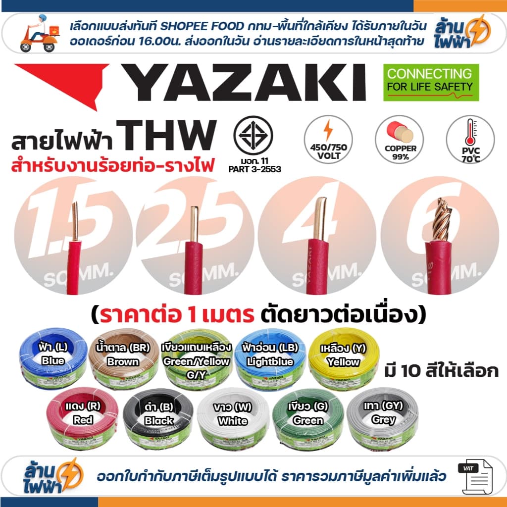 (ราคาต่อ1เมตร ตัดยาวต่อเนื่อง ) THAI YAZAKI สายไฟ THW ทองแดง แกนเดี่ยว แข็ง 1.5 / 2.5 / 4 / 6 sqmm มอก. ไทย ยาซากิ