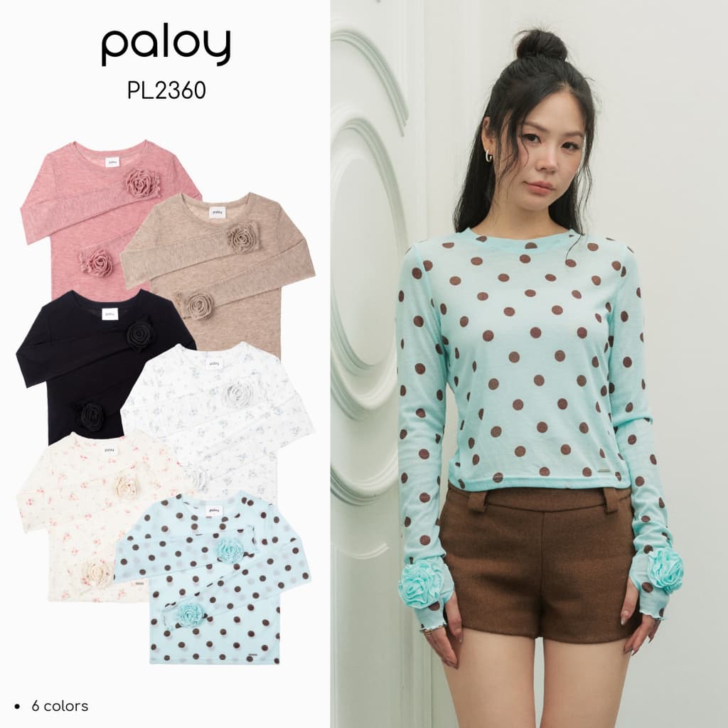 [Best Seller] Paloy - PL2360 Camellia Top เสื้อดอกคามิเลีย เสื้อแขนยาว ทรงเข้ารูป ปลายแขนแต่งดอกคามิเลีย