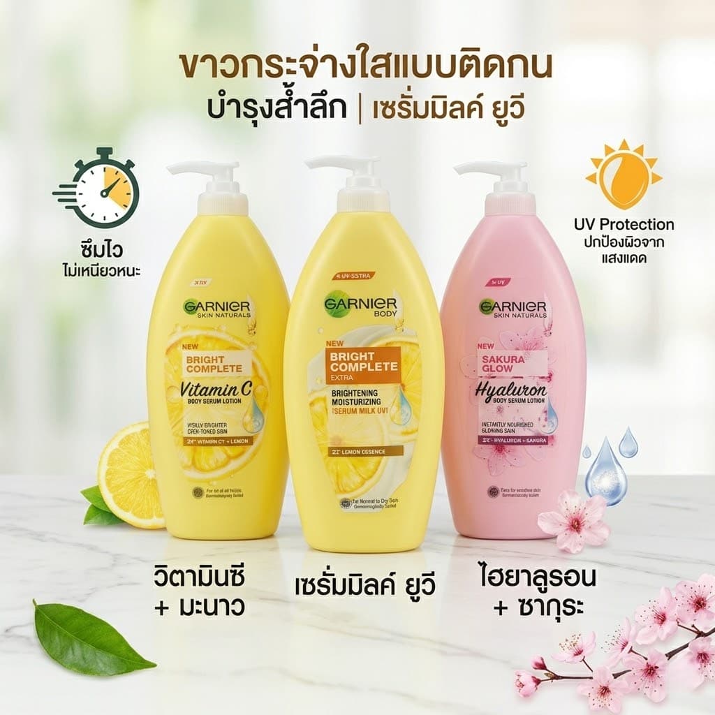 [400ml] การ์นิเย่ Body Serum Lotion โลชั่นทาผิว ซากุระไวท์ / บราท์คอมพลีท ผิวขาวกระจ่างใส ไวท์เทนนิ่ง กันแดด UV