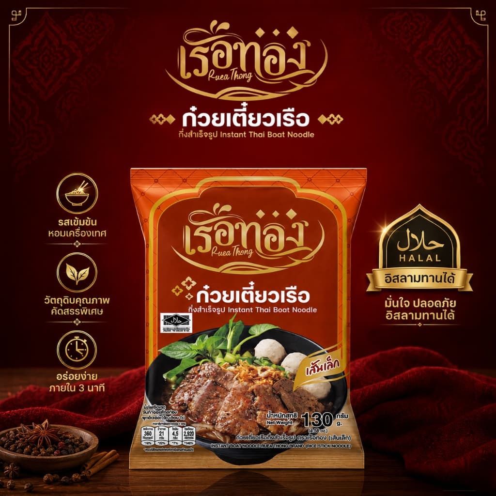RUEATHONG ก๋วยเตี๋ยวเรือทอง ก๋วยเตี๋ยวเรือ (เส้นเล็ก) กึ่งสำเร็จรูป เส้นนุ่ม ทานง่าย เส้นไม่จับ น้ำซุปเข้มข้น หอมอร่อย